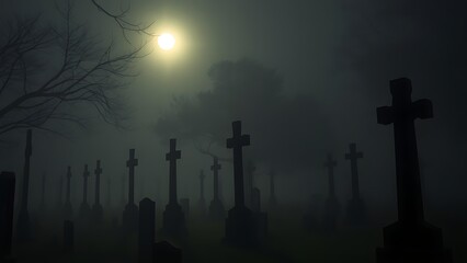datura. A misty graveyard at midnight with tilted crosses and moonlight filtering through atmospheric fog. ESG reports, sustainability campaigns, designed for environmental awareness campaigns.