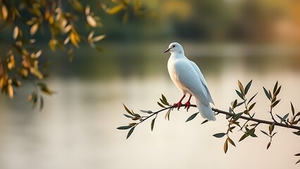 infamy. White dove perched on olive branch against calm lake at dawn. wildlife magazines, conservation campaigns, designed for wildlife conservation campaigns, used by retail merchandisers.