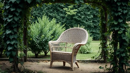 oligarchy. Wicker armchair nestled in a garden surrounded by ivy vines and soft natural light. real-estate listings.