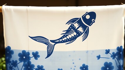 tenugui. Japanese indigo-dyed tenugui with koi pattern drying on a bamboo pole. gardening catalogs, home-decor guides, designed for home decor and floral branding, used by ux designers.