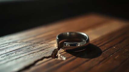 toroidal. A broken wedding ring lies on wood with a visible crack and side lighting. wellbeing guides, coaching materials, designed for coaching and self-improvement content, used by videographers.