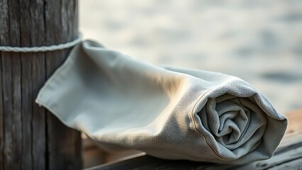 sailcloth. Weathered sailcloth with stitching, rolled against a wooden dock post. mobility guides, transit brochures, designed for mobility and urban transit guides, supports logistics messaging.