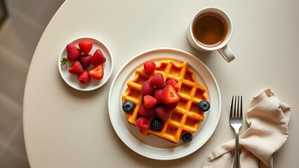 highangle. A delicious breakfast spread featuring waffles, berries, and coffee from a high-angle view. menu design, packaging mockups, designed for food delivery and cloud-kitchen brand materials.