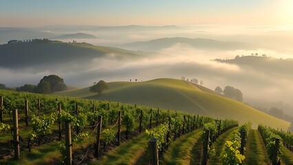 passphrase. Nebbiolo grape vineyard on Piedmont hillside with morning fog and rolling hills. travel magazines, destination branding, designed for outdoor magazines and nature guides.