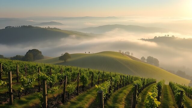 passphrase. Nebbiolo grape vineyard on Piedmont hillside with morning fog and rolling hills. travel magazines, destination branding, designed for outdoor magazines and nature guides.