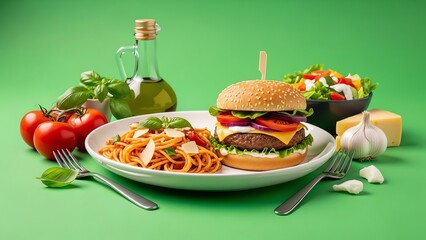 A plate of pasta and a cheeseburger on a table with salad, tomatoes, garlic, and olive oil against a green background.
