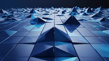 Abstract Blue Geometric Landscape with Spiky Peaks on a Reflective Grid Surface, Creating a Dynamic Modern Digital Environment or Data Visualization