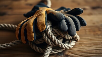 subordination. Thick work gloves resting on a complex rope knot on a wooden surface. safety posters, maintenance manuals, designed for industrial assembly lines and welding operations.