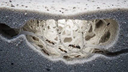 A detailed view of an ant colony's intricate tunnels and chambers, showcasing several ants within their underground habitat.