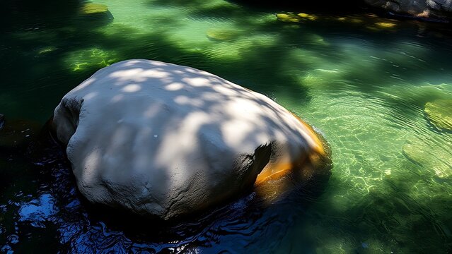 amphibole. A massive weathered boulder resting at the bottom of a clear, deep pool. travel magazines, destination branding, wall prints, designed for travel destination branding, used by teachers.