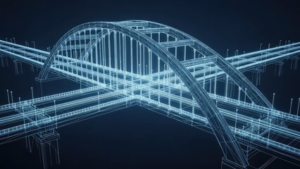 Obraz premium Detailed blueprint of a large metal arched bridge with multiple levels and supports against a dark background