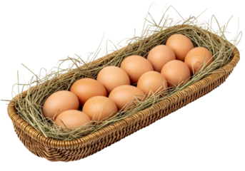 Brown eggs in a woven wicker basket on a transparent background