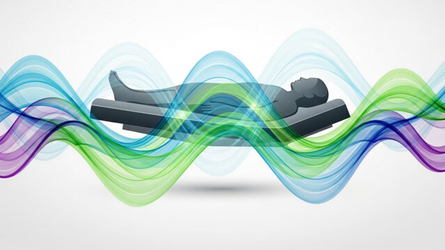 Silhouette of a person on a medical bed surrounded by colorful sound waves representing therapy or healing isolated on white