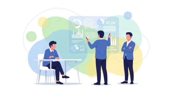 Business Team Analyzing Data on Interactive Board in Modern Meeting - Powered by Adobe