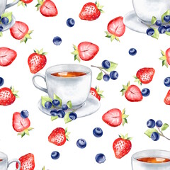 Seamless pattern with white ceramic teacups, fresh strawberries, and ripe blueberries on white background