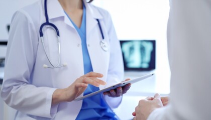 Female doctor discussing medical records with patient in modern clinic