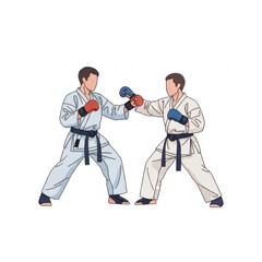 Two Martial Artists in Gi Gloves Sparring in Karate Dojo