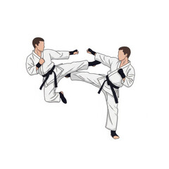 Two Martial Artists in Karate Gi Demonstrating High Kick