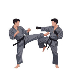 Two Martial Artists in Gray Gi Demonstrating High Kick and Punch
