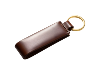 Brown leather keychain with gold ring and snap fastener on transparent background