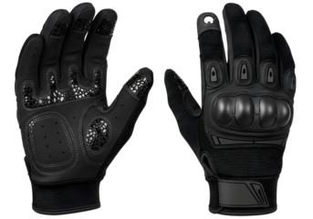 Pair of black tactical gloves on transparent background for protection and grip