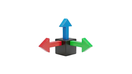 Three directional arrows pointing from a central cube