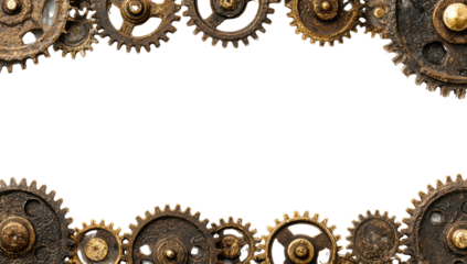 Gears frame a void. Rusty, metallic, mechanical parts