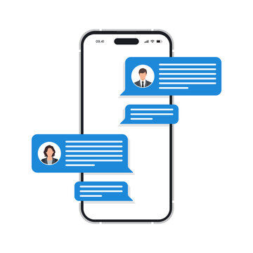 Chat message notification on smartphone vector illustration. chat bubbles displayed on mobile phone screen.