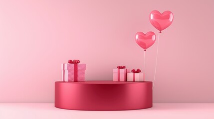 Pink background with podium showcasing wrapped gifts and floating heart balloons, providing ample copy space for promotions