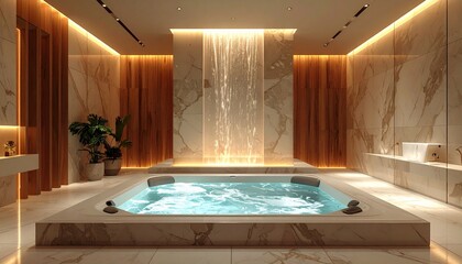 Symmetric Luxury Jacuzzi Bathtub in Modern Interior &ndash; Soft Water Flow 3D Render
