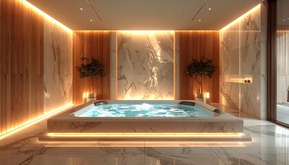 Symmetric Luxury Jacuzzi Bathtub in Modern Interior &ndash; Soft Water Flow 3D Render