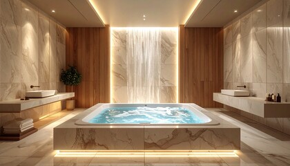 Symmetric Luxury Jacuzzi Bathtub in Modern Interior &ndash; Soft Water Flow 3D Render