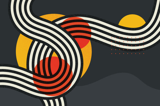 Abstract background with flowing striped waves, circles and geometric shapes