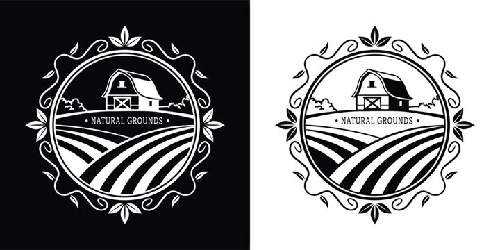 Rural farm village emblem with barn and cultivated fields inside a decorative circular frame, black and white vector illustration