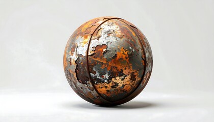 A rusty, weathered basketball sits on a plain white surface.