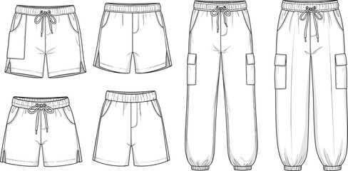 Technical flat sketch of men and women drawstring shorts and cargo jogger pants fashion template for apparel design and tech pack. © Sarjia Worlds