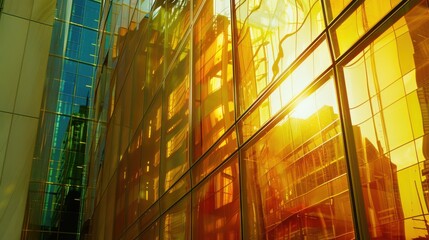 
黄金色のガラス張りの高層ビルの都市景観 光の反射と青い空を背景に太陽が輝く