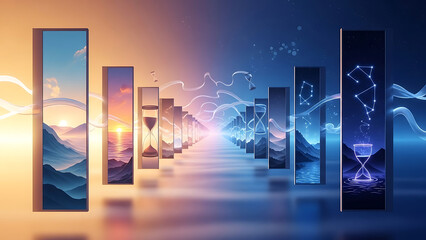 A visual journey through time and space, blending natural landscapes with cosmic constellations and hourglass symbols.