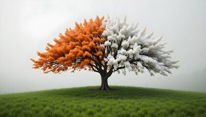 Surreal split season tree with autumn foliage and winter frost standing on green meadow best for conceptual art, themes, and creative storytelling