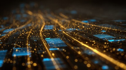 Illuminated Data Pathways: A mesmerizing close-up showcases the intricate network of a motherboard, with shimmering golden data pathways. It suggests the complex.