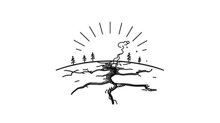 Stylized Representation Of Earth Cracked Landscape With Trees And Sun Rays Overhead