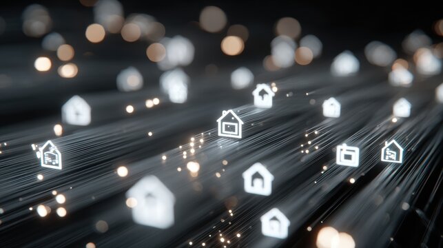 Smart Home Network: A dynamic visual portrayal of a smart home network, showcasing interconnected homes and the flow of data through futuristic fiber optic cables, symbolizing the connectivity.