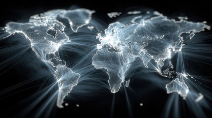 Global Network Visualization: An abstract representation of the world map, interconnected by glowing lines, symbolizing global connectivity and data flow across the continents.