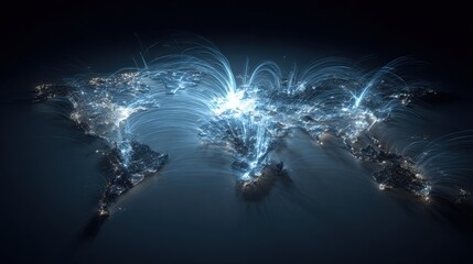 Global Network Illumination: This captivating image portrays a vibrant map of the world, overlaid with intricate networks of interconnected pathways.