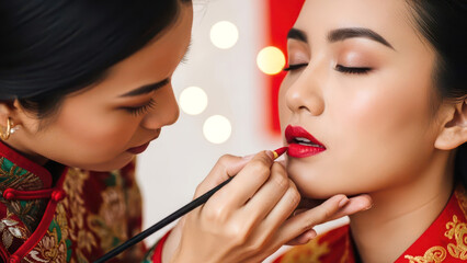 Professional makeup artist applying red lipstick to beautiful asian woman
