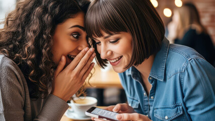 Two young female friends whispering secrets while looking at smartphone