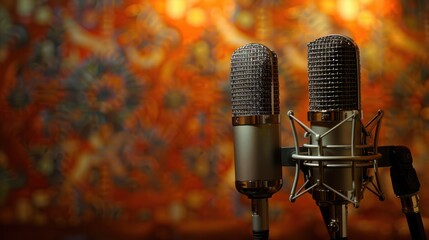 Microphone Duo: Modern podcasting setup featuring two professional microphones ready for recording, set against a stylish background.
