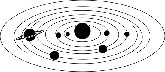 Stylized solar system vector, black and white planetary orbit diagram, astronomy concept illustration, space science icon, educational celestial layout design © MSTESMOTARA