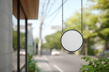 Circular White Sign Hanging Outside Storefront with Concrete Wall and Lush Greenery in Sunny Daylight