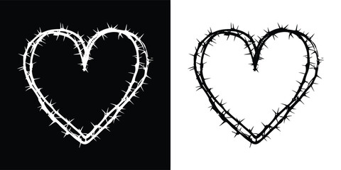 Barbed wire heart shape illustration in black and white, symbolizing love, pain, and emotional struggle with a grunge aesthetic